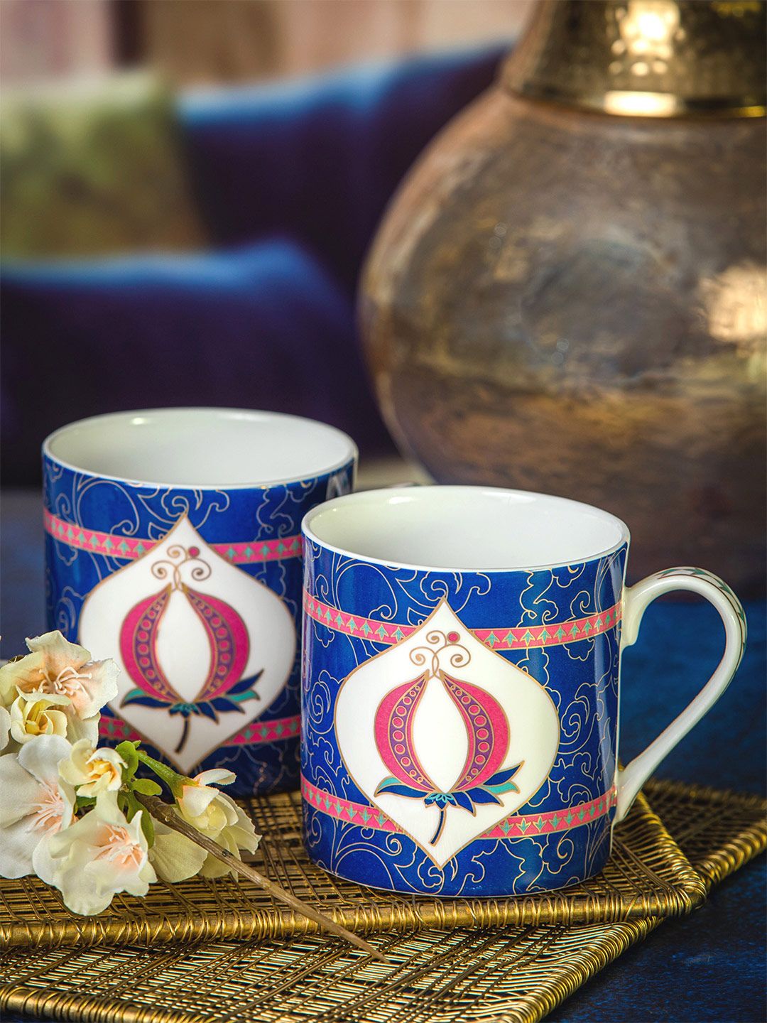 GOODHOMES Blue & White Floral Printed Bone China Glossy Mugs Set of Cups and Mugs Price in India