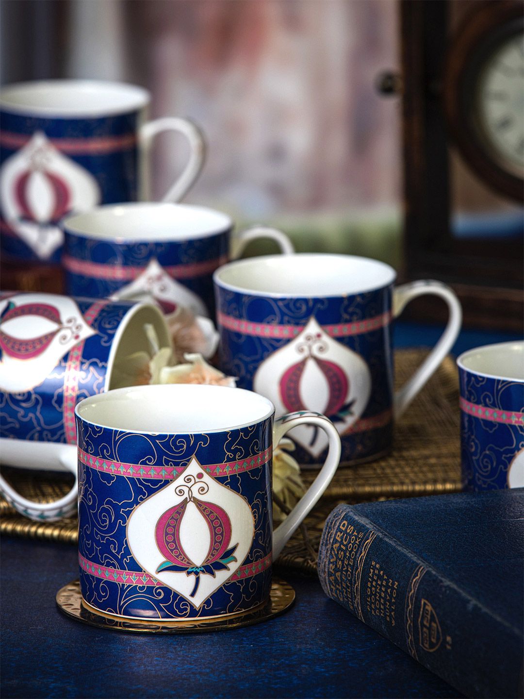 GOODHOMES White & Blue Floral Printed Bone China Glossy Mugs Set of Cups and Mugs Price in India