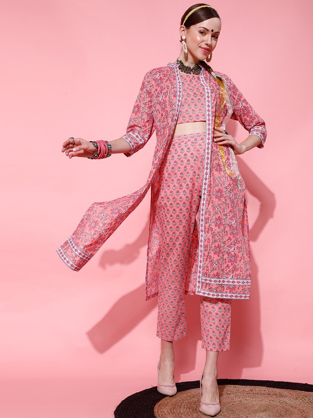 STREET 9 Women Peach-Coloured & White Printed Pure Cotton Ethnic Co-Ords Price in India