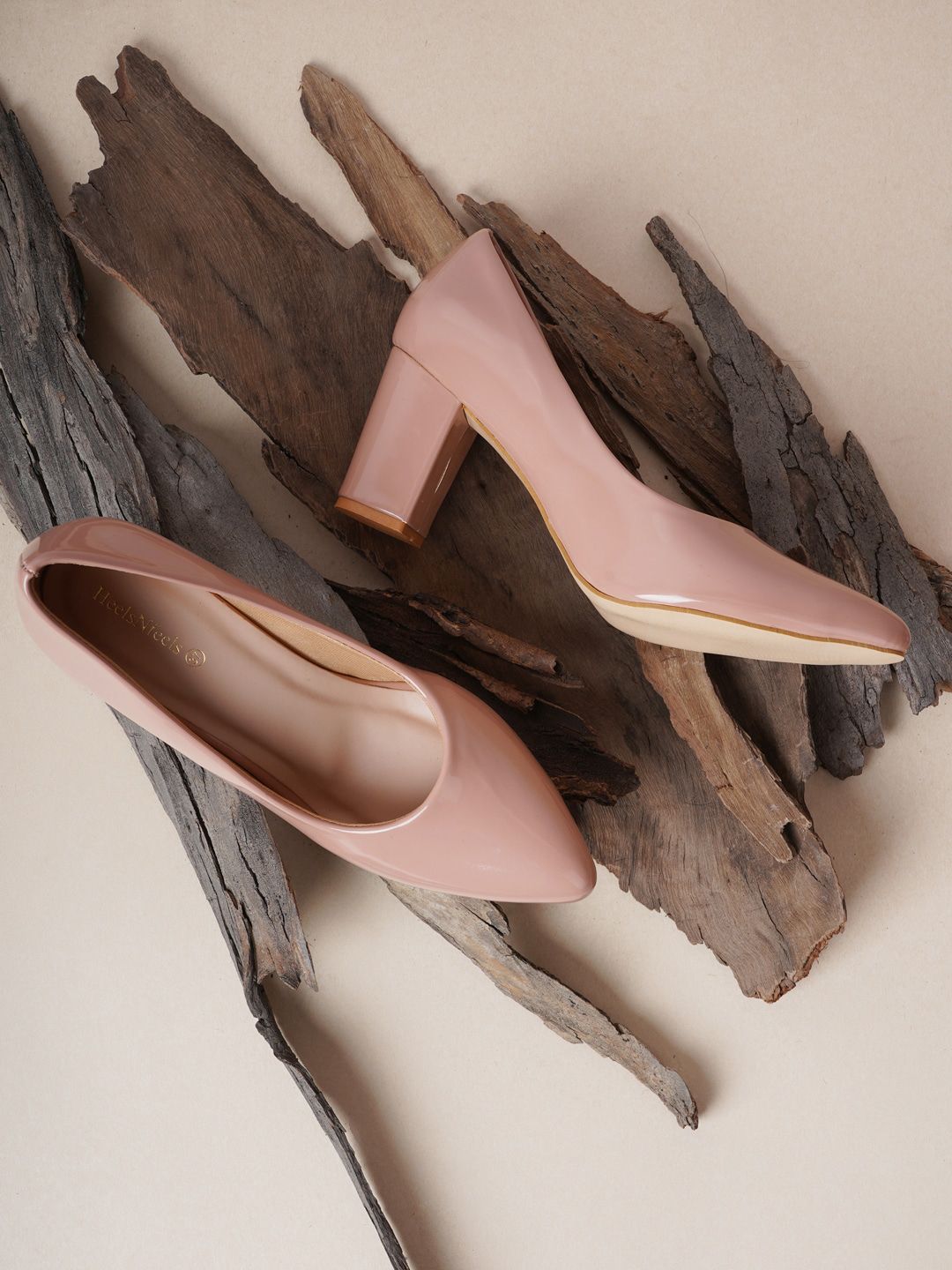 HEELSNFEELS Peach-Coloured Textured Party Block Pumps with Buckles Price in India