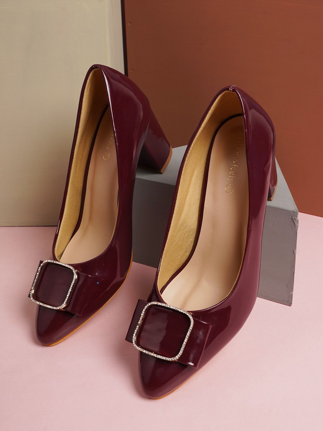 HEELSNFEELS Maroon Textured Party Kitten Pumps with Bows Price in India