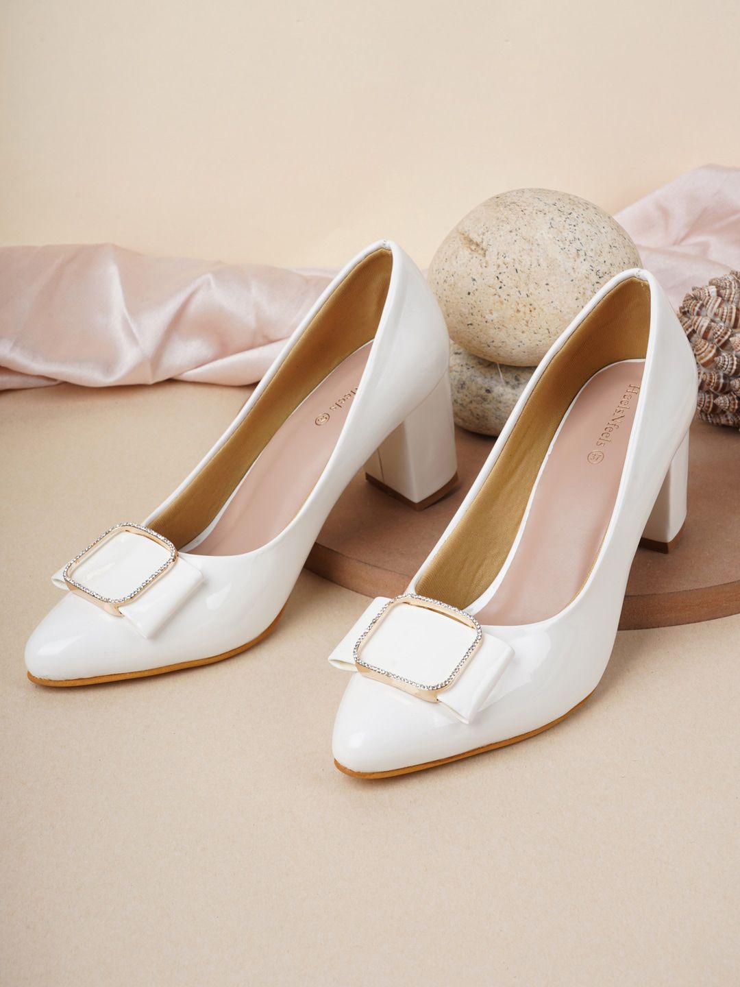 HEELSNFEELS White Embellished Party Kitten Pumps Price in India