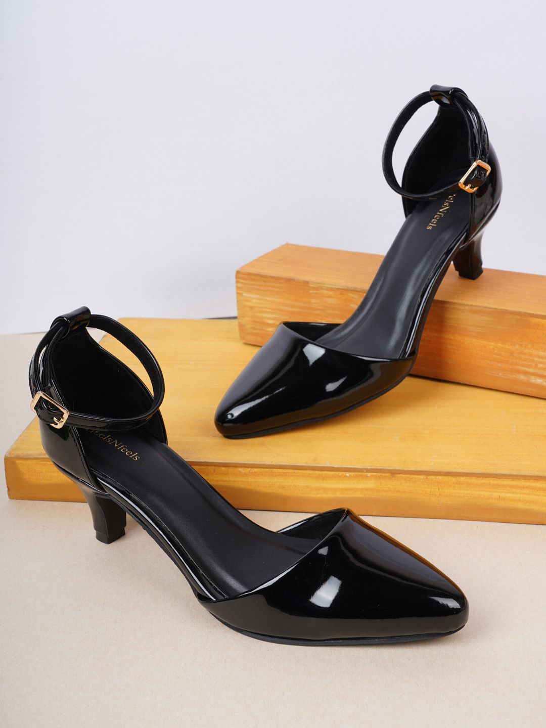 HEELSNFEELS Black Party Kitten Pumps with Buckles Price in India