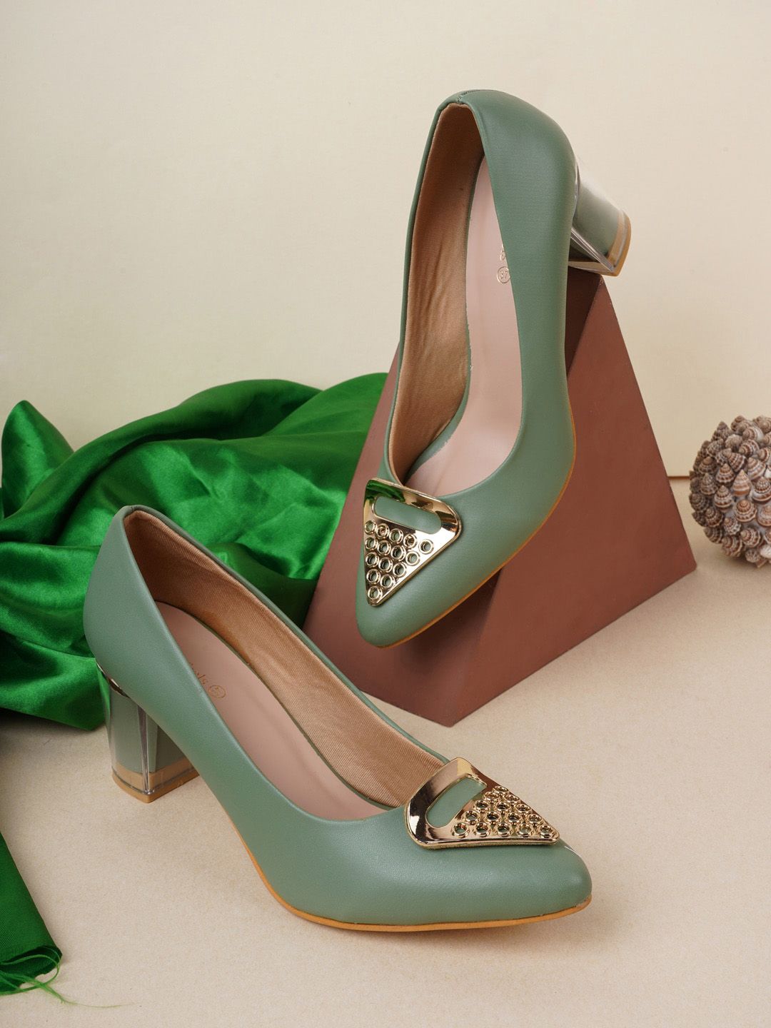 HEELSNFEELS Green Party Kitten Pumps Price in India