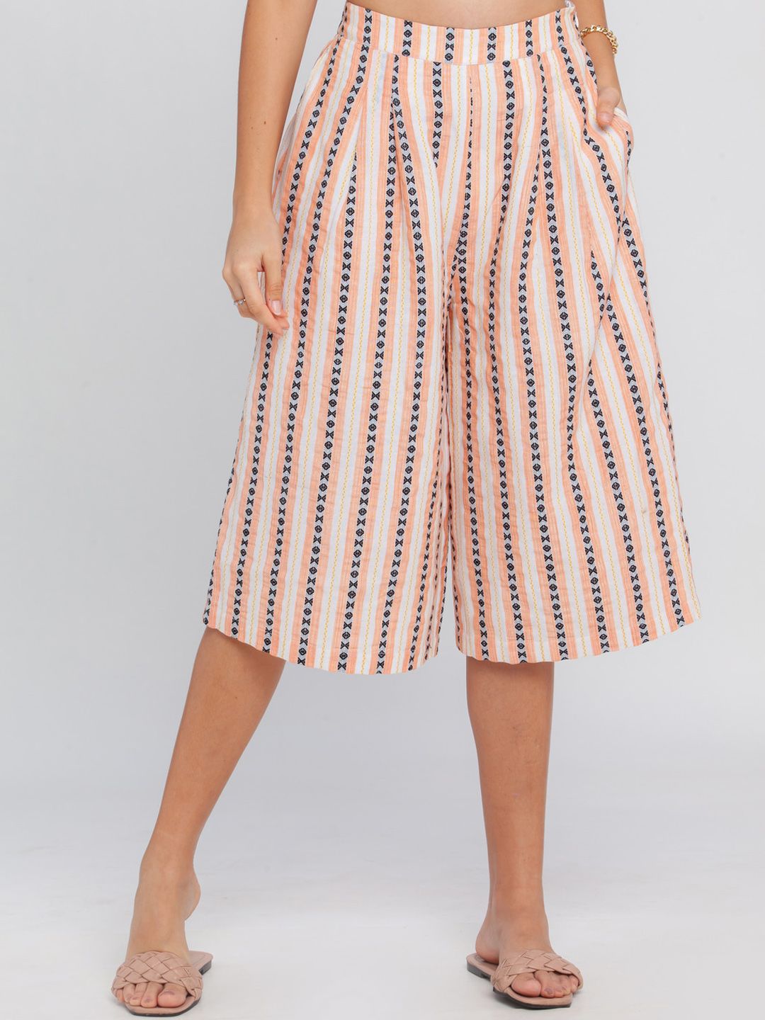 Zink London Women Peach-Coloured Striped Loose Fit High-Rise Culottes Trousers Price in India