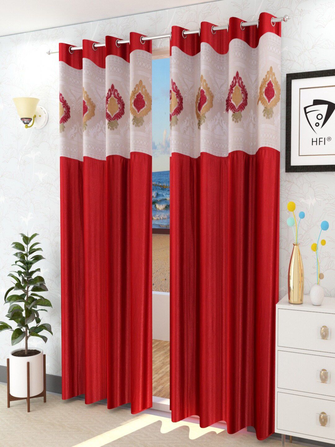 Homefab India Maroon & White Set of 2 Sheer Door Curtain Price in India