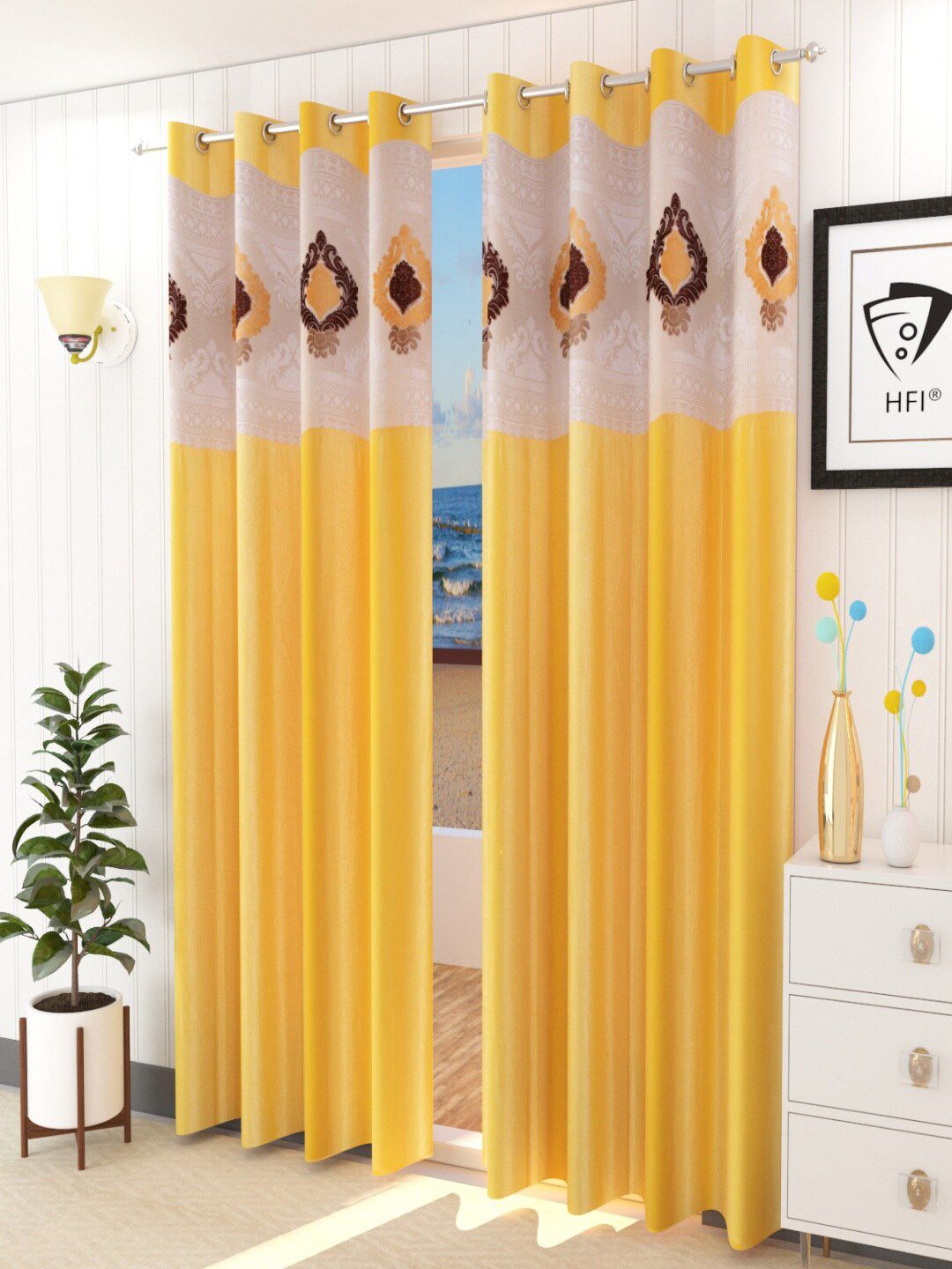 Homefab India Yellow & White Set of 2 Sheer Long Door Curtain Price in India