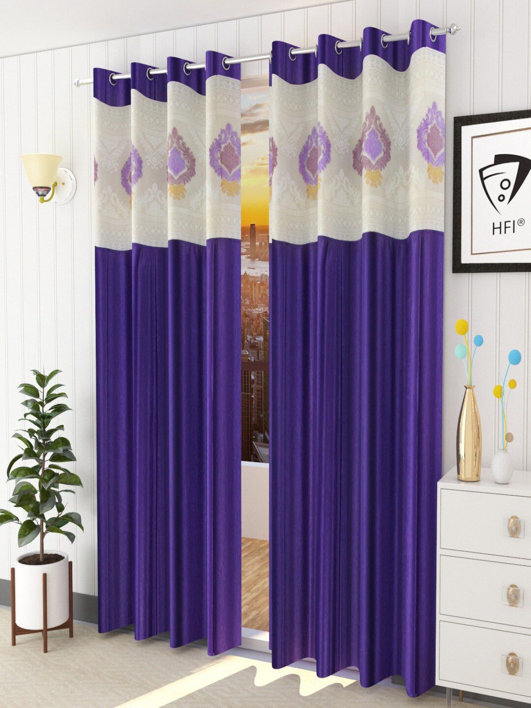 Homefab India Purple & White Set of 2 Embroidered Sheer Window Curtain Price in India