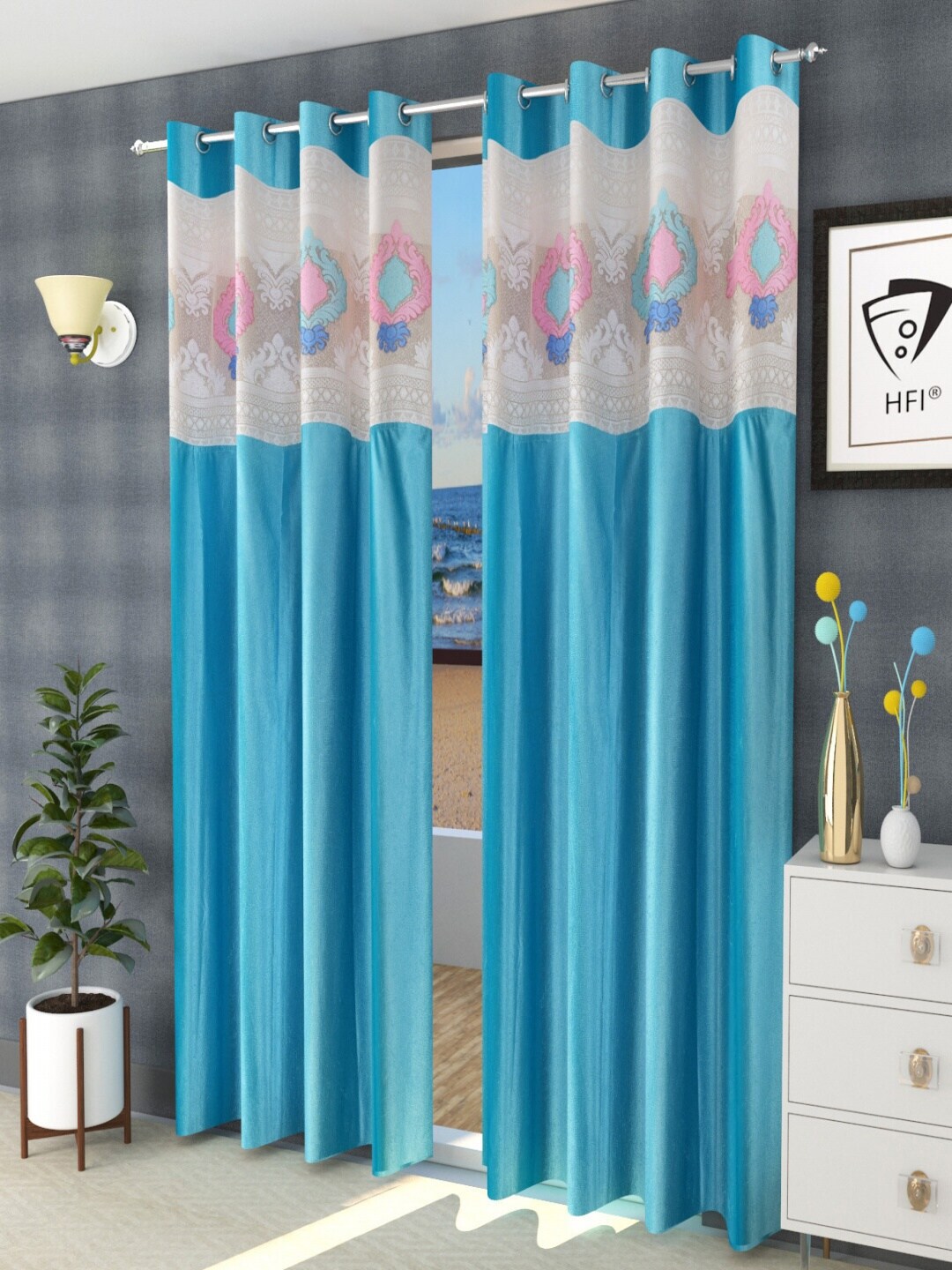 Homefab India Turquoise Blue Set of 2 Embroidered Sheer Long Door Curtain Price in India
