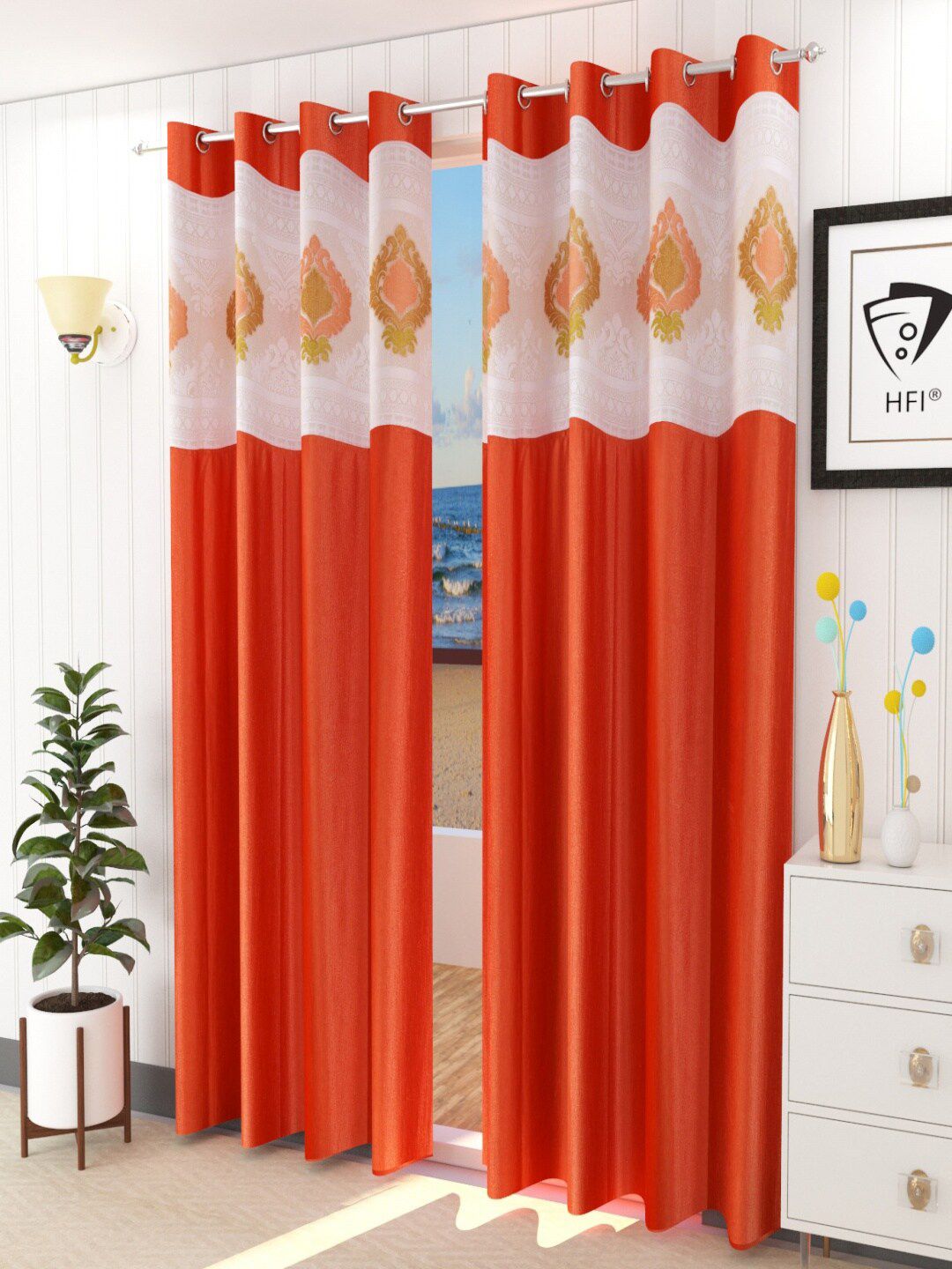 Homefab India Orange & White Set of 2 Sheer Door Curtain Price in India