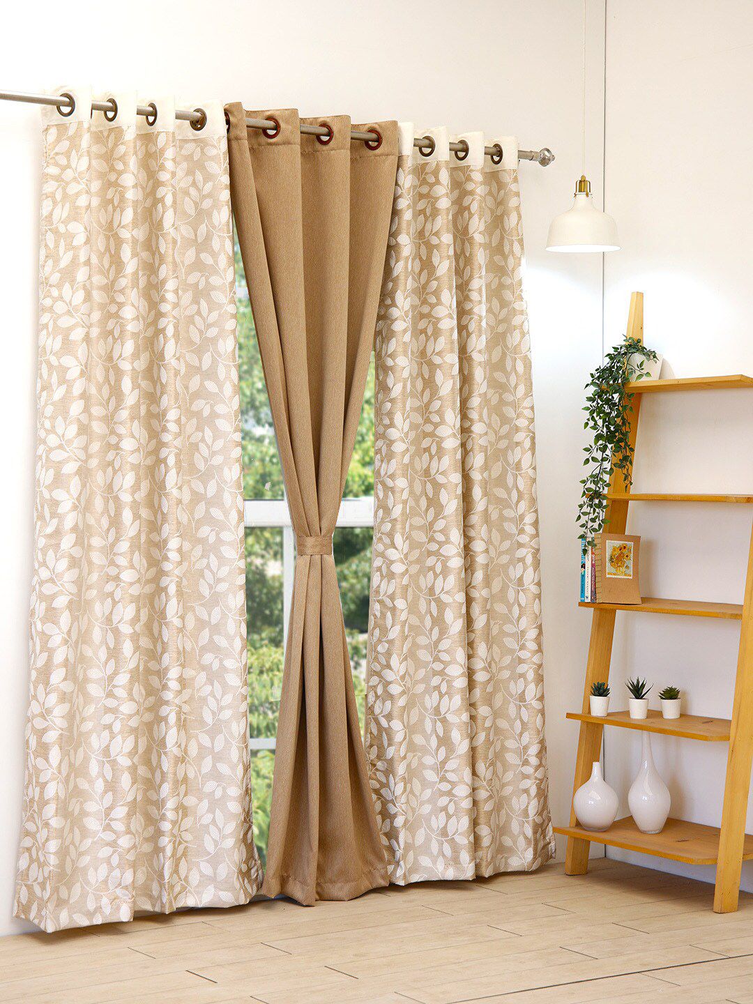 Ariana Beige Set of 3 Floral Room Darkening Long Door Curtain Price in India