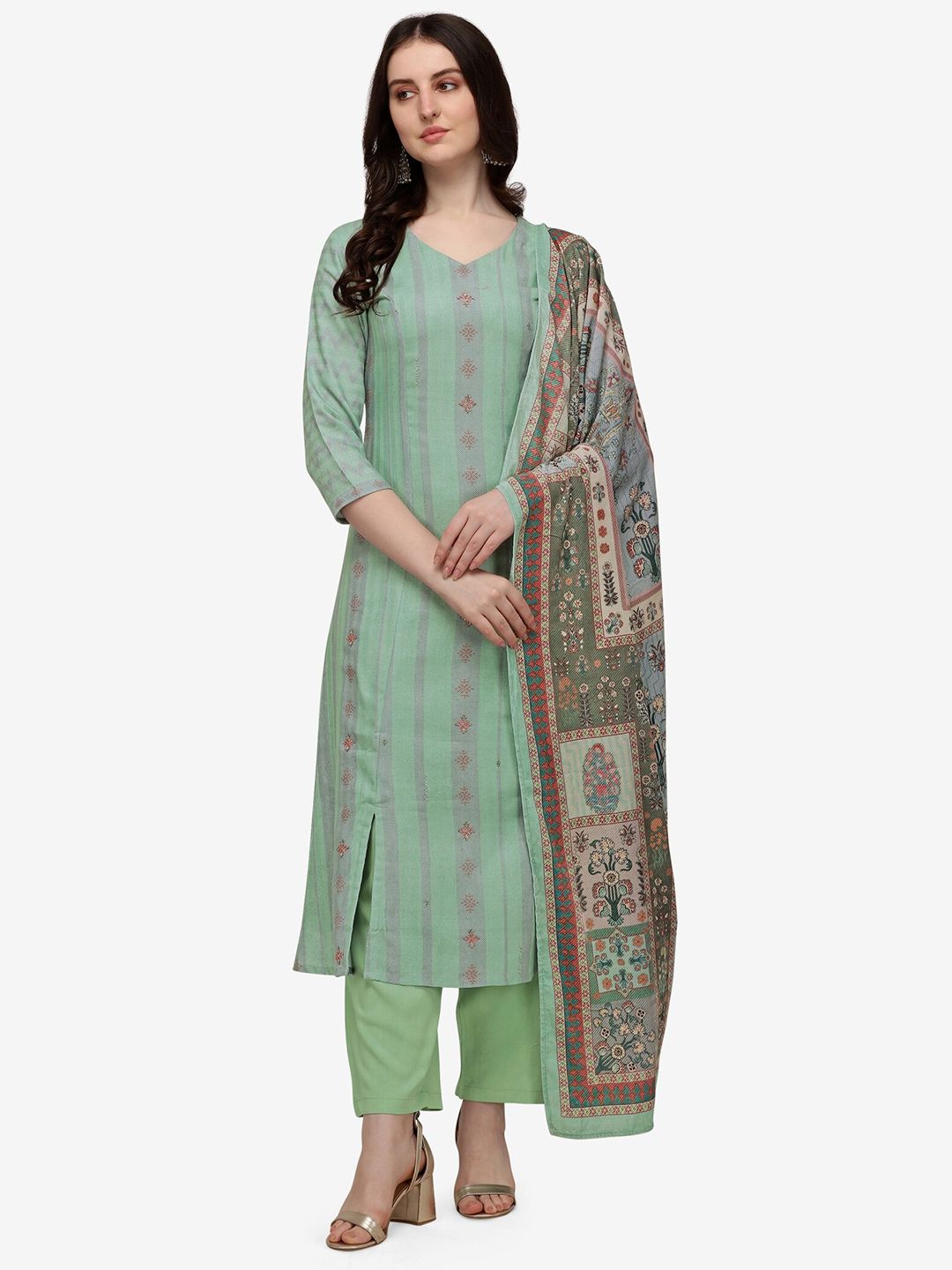 Jansi Green & Grey Printed Viscose Rayon Unstitched Dress Material Price in India