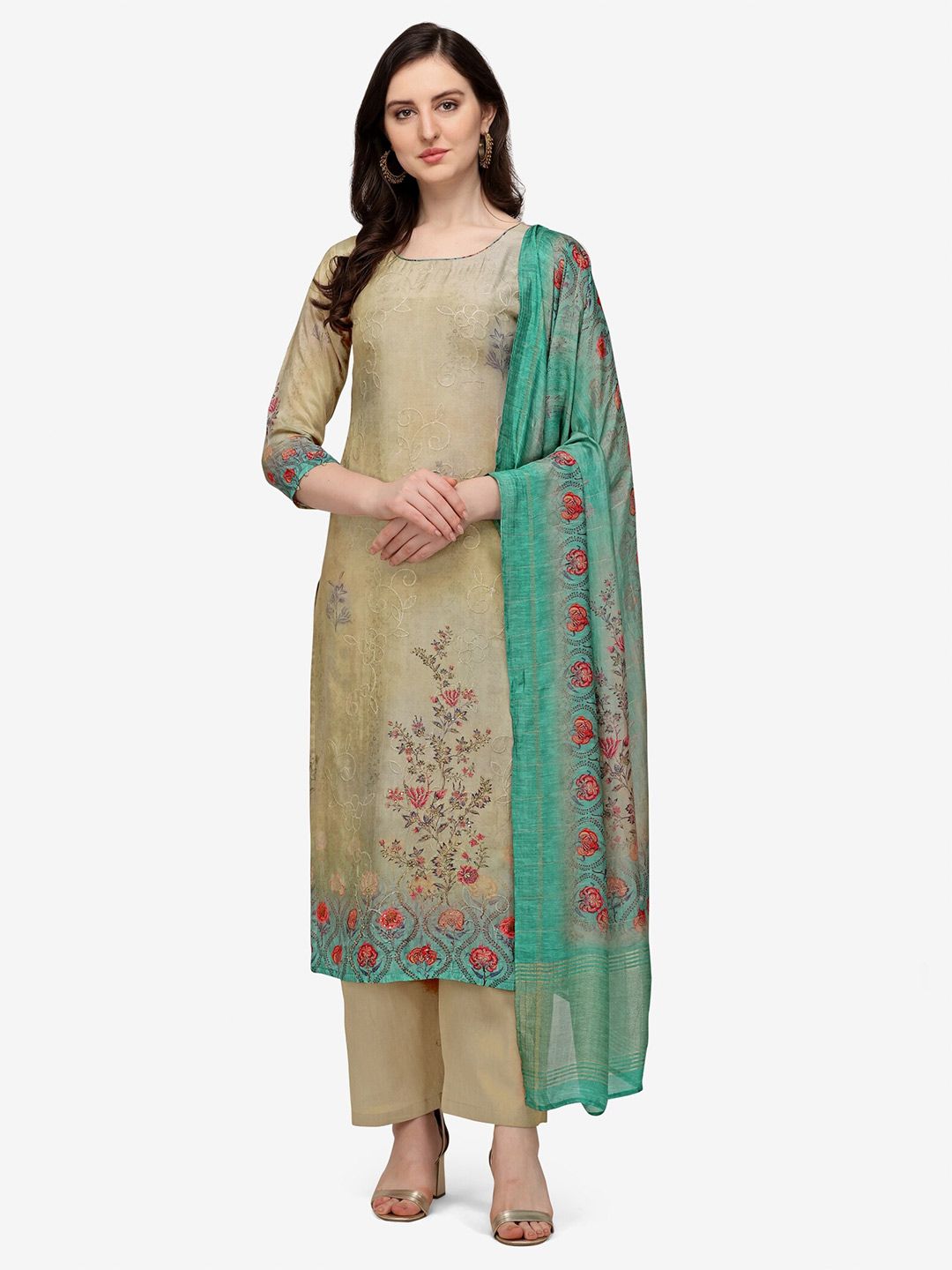 Jansi Pink & Green Embellished Unstitched Dress Material Price in India