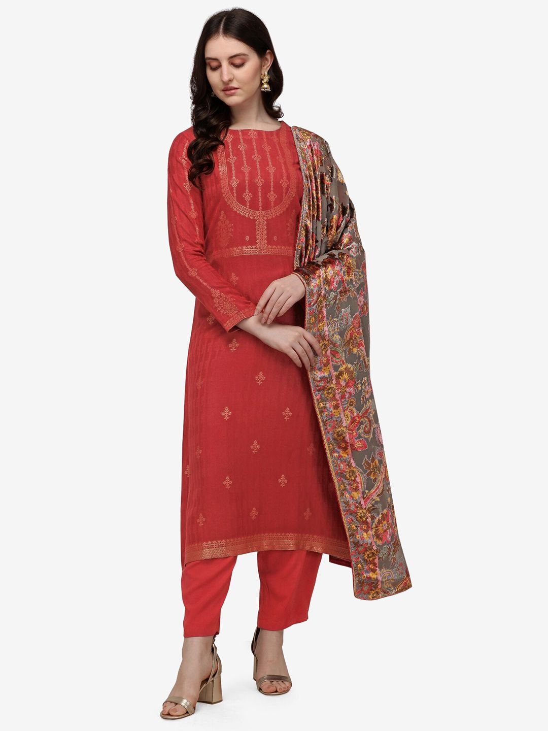 Jansi Red & Grey Printed Viscose Rayon Unstitched Dress Material Price in India