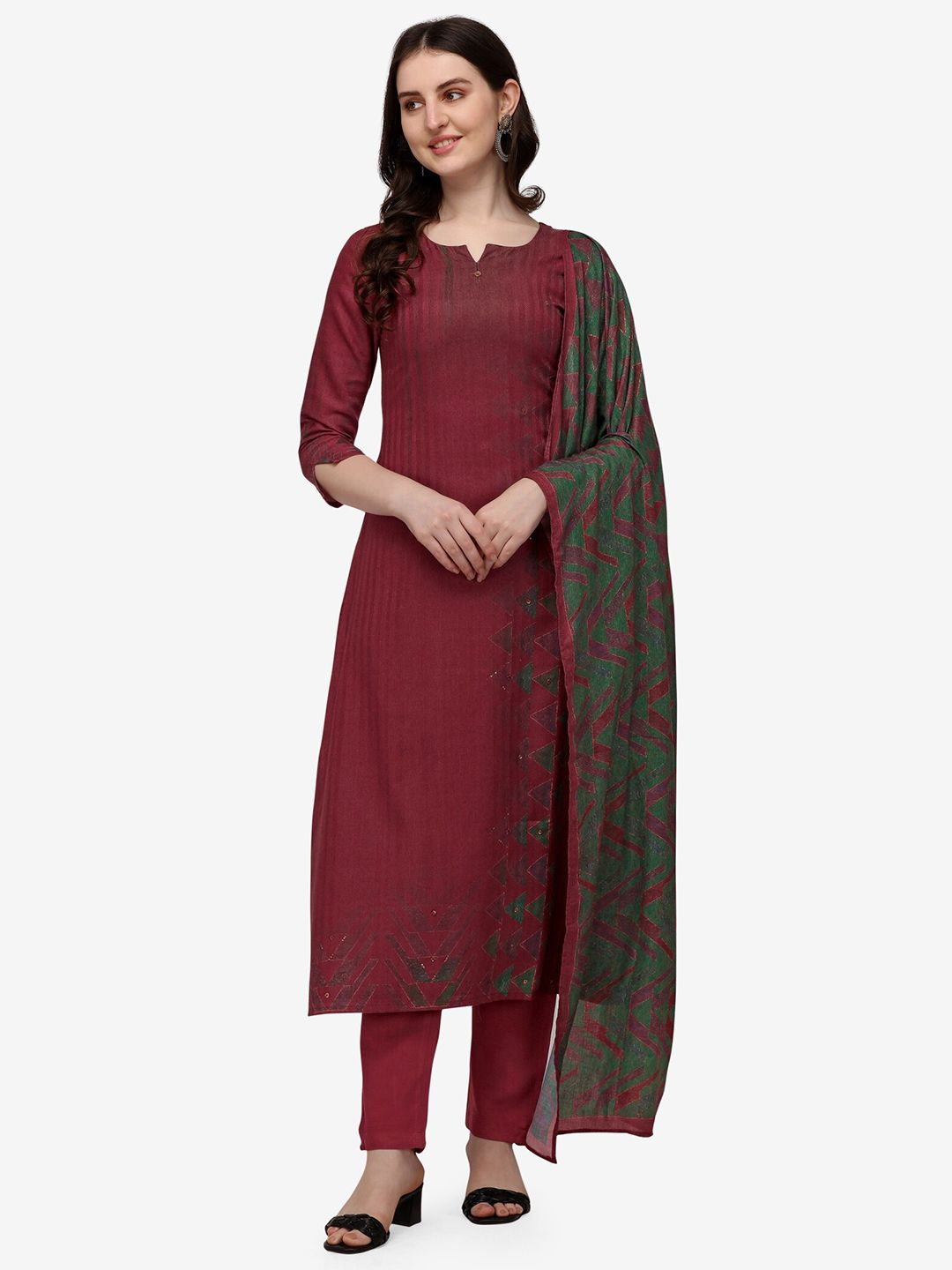 Jansi Maroon & Green Printed Viscose Rayon Unstitched Dress Material Price in India