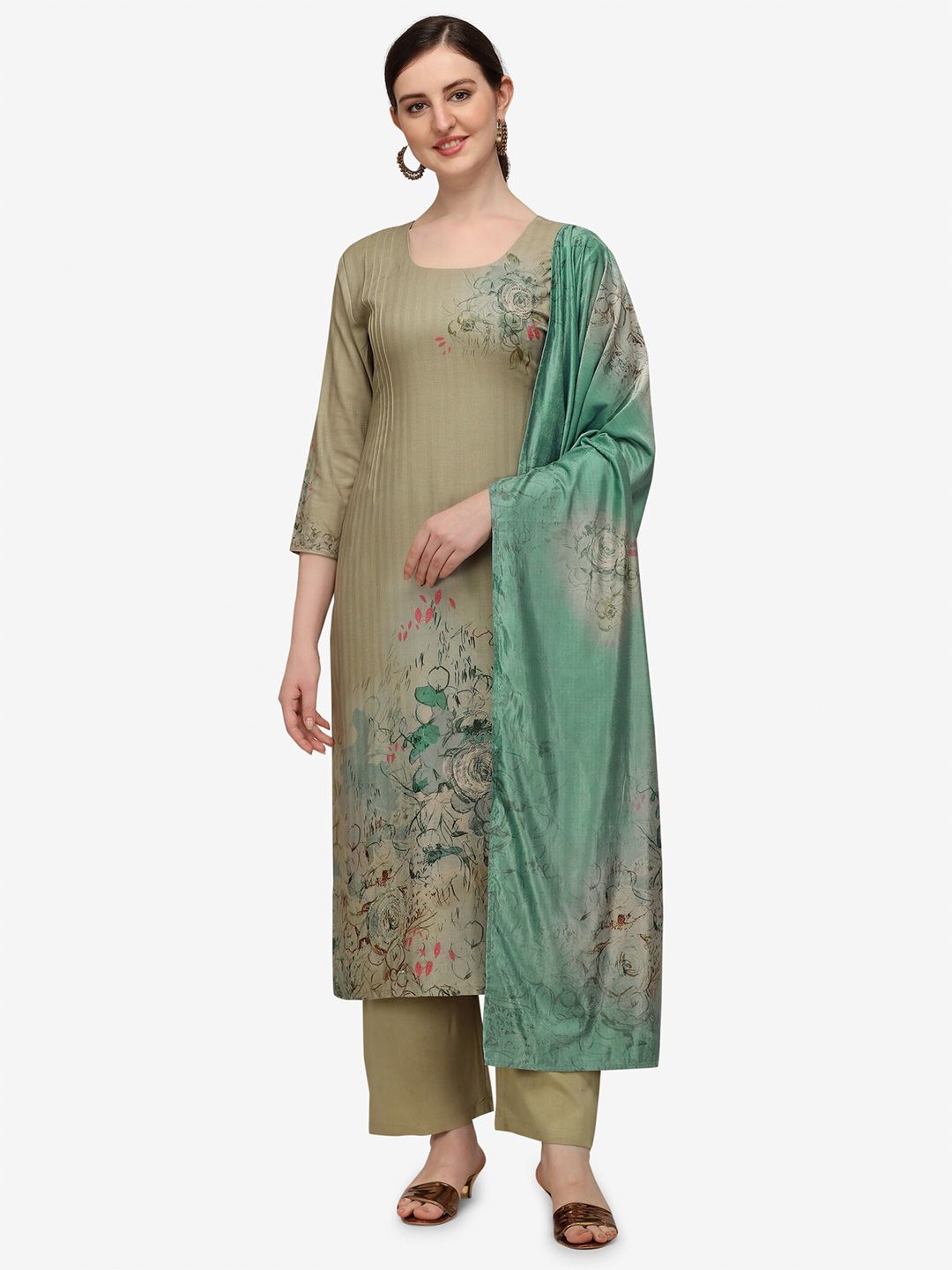 Jansi Olive Green & Green Printed Viscose Rayon Unstitched Dress Material Price in India