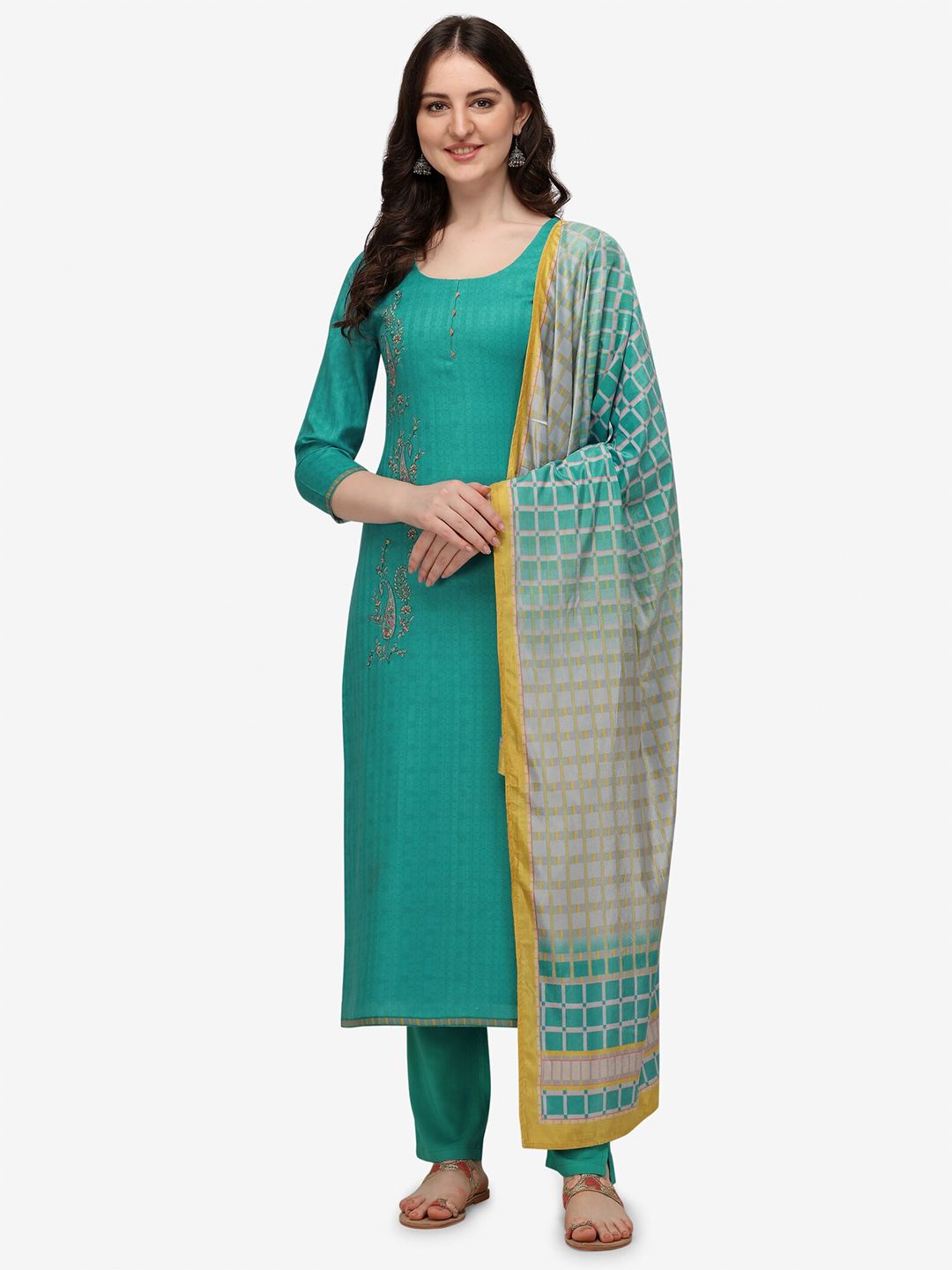 Jansi Blue & Yellow Embroidered Viscose Rayon Unstitched Dress Material Price in India