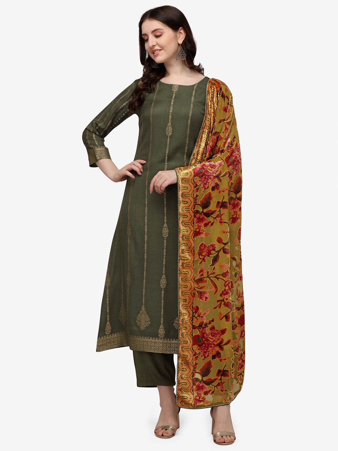 Jansi Green & Pink Embellished Viscose Rayon Unstitched Dress Material Price in India