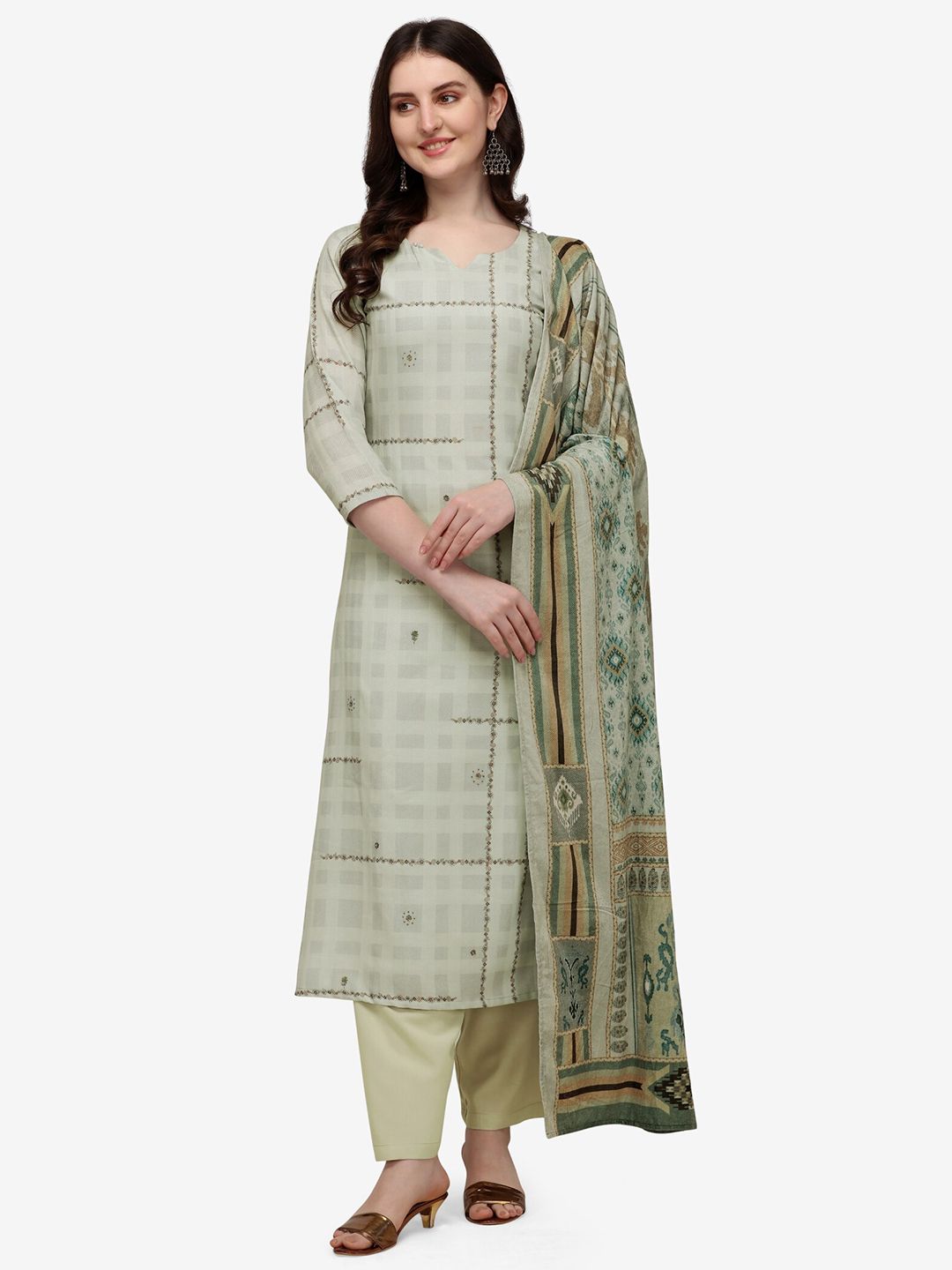 Jansi Cream-Coloured & Brown Printed Viscose Rayon Unstitched Dress Material Price in India