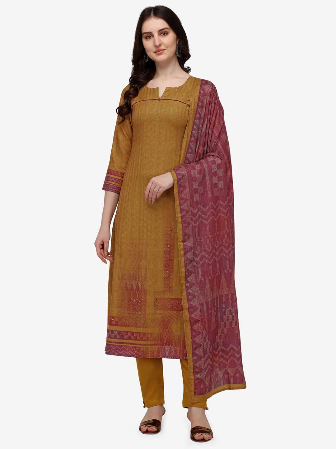 Jansi Yellow & Purple Printed Viscose Rayon Unstitched Dress Material Price in India