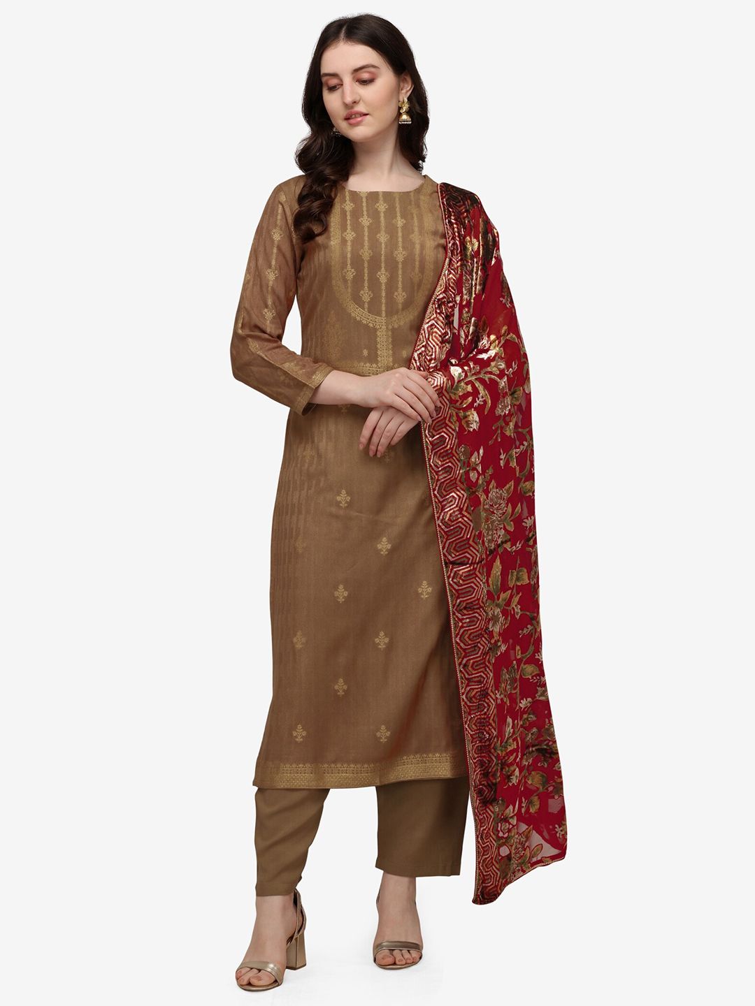 Jansi Brown & Maroon Embellished Viscose Rayon Unstitched Dress Material Price in India