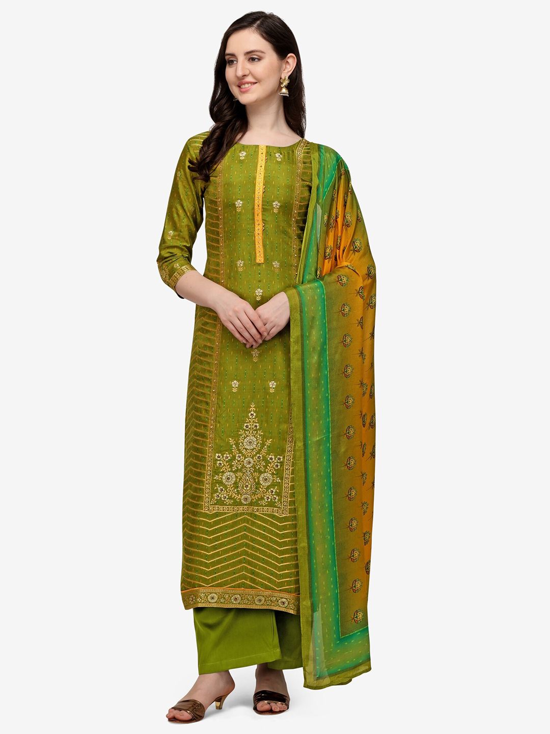 Jansi Olive Green & Green Embellished Unstitched Dress Material Price in India