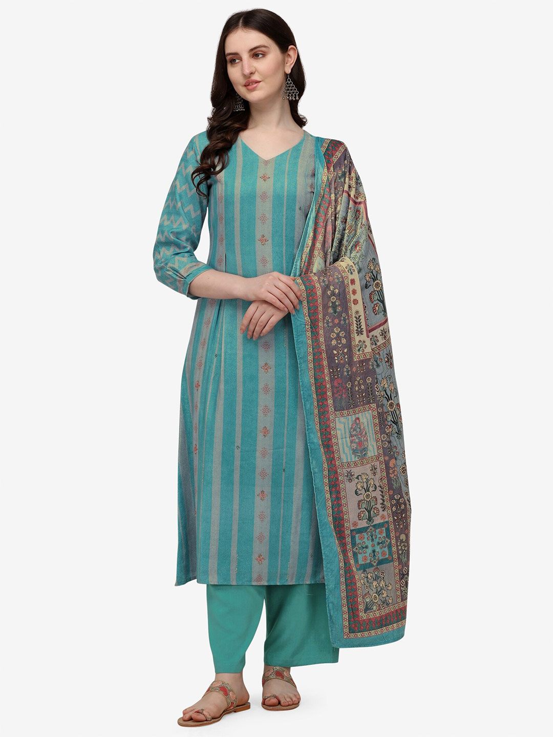 Jansi Blue & Grey Printed Viscose Rayon Unstitched Dress Material Price in India