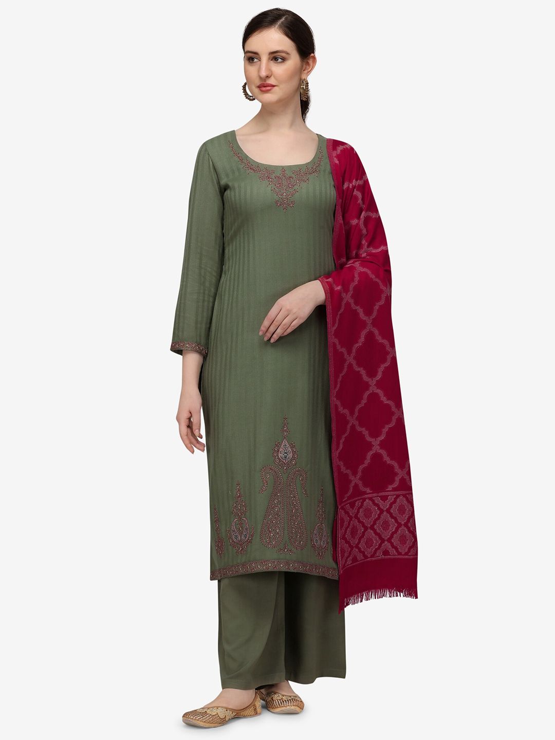 Jansi Green & Maroon Embroidered Viscose Rayon Unstitched Dress Material Price in India