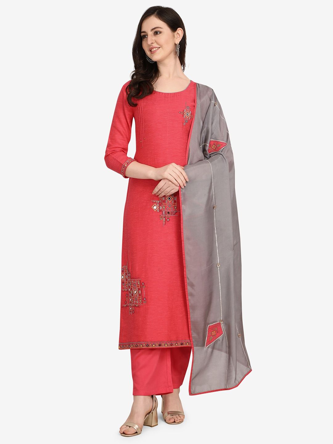 Jansi Red & Grey Embellished Unstitched Dress Material Price in India