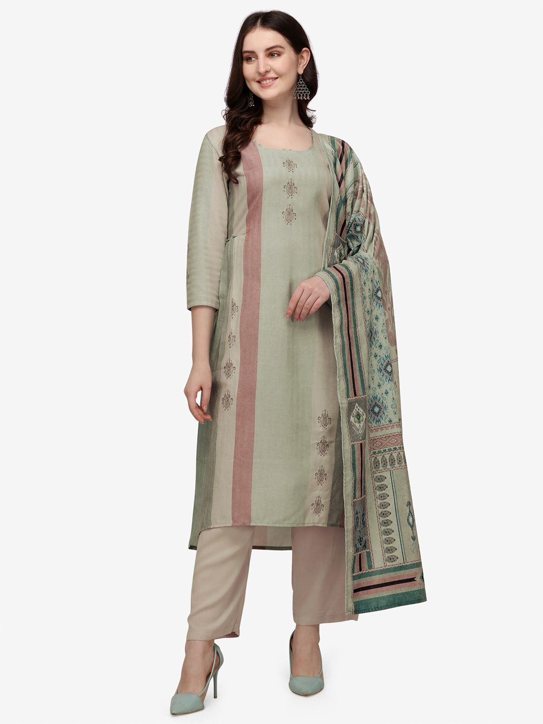 Jansi Beige & Green Printed Viscose Rayon Unstitched Dress Material Price in India