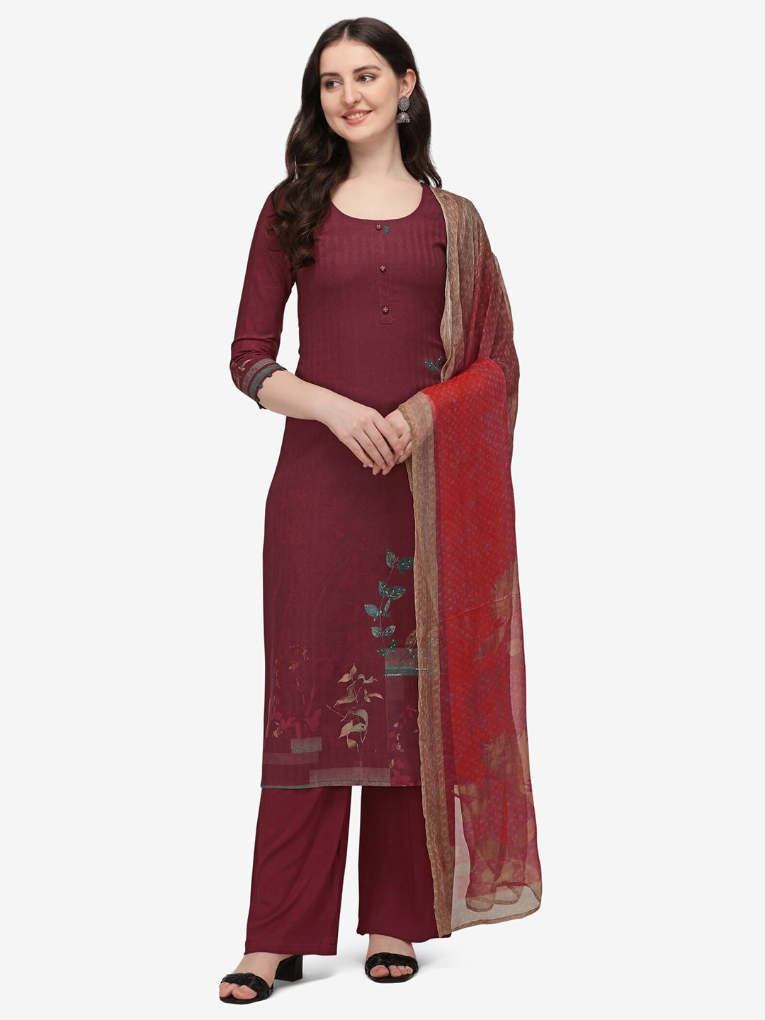 Jansi Maroon Printed Viscose Rayon Unstitched Dress Material Price in India