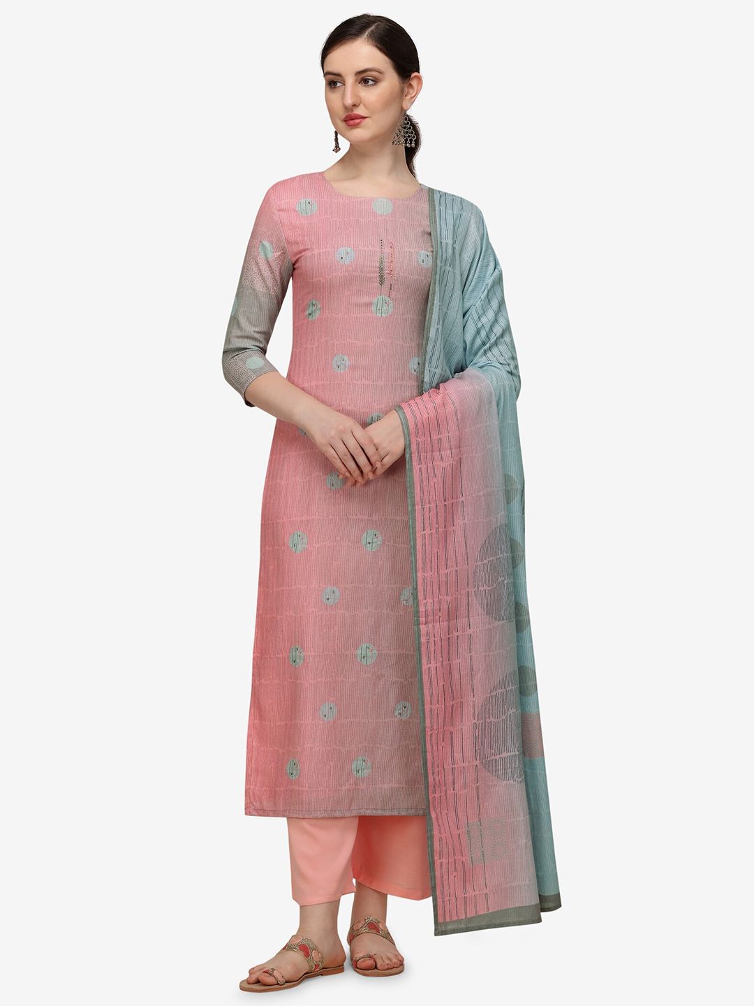 Jansi Pink & Blue Printed Viscose Rayon Unstitched Dress Material Price in India