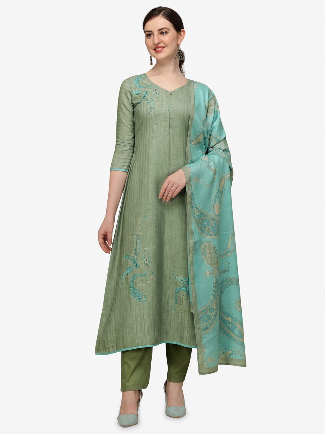 Jansi Green Printed Viscose Rayon Unstitched Dress Material Price in India