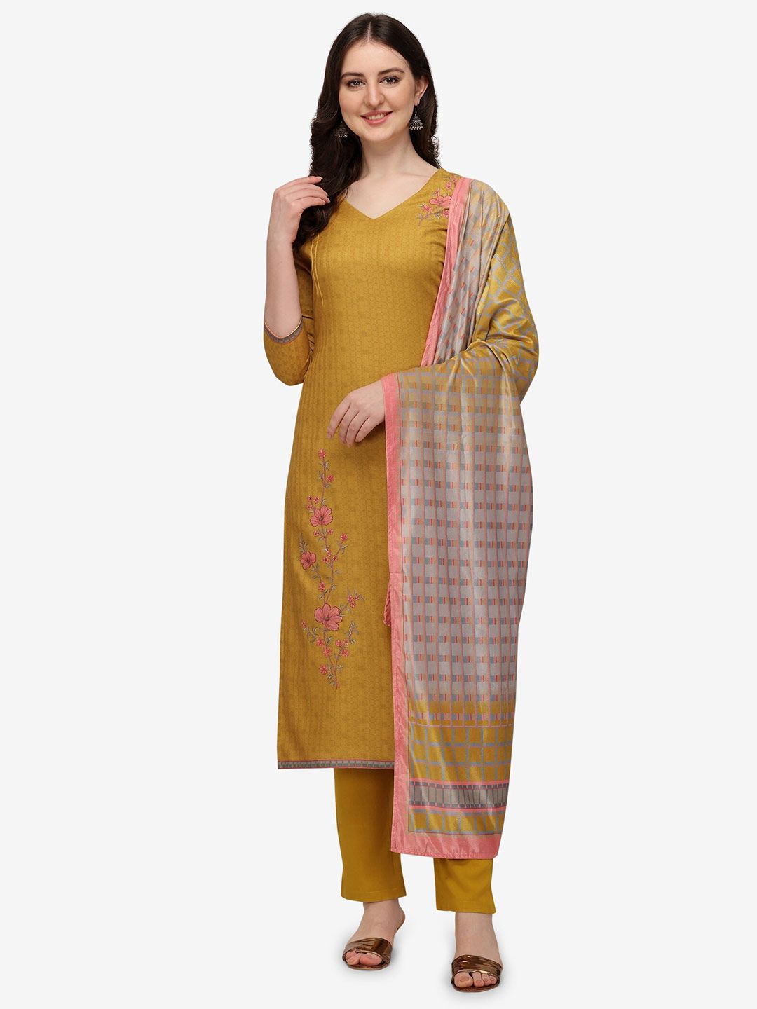 Jansi Yellow & Pink Embroidered Viscose Rayon Unstitched Dress Material Price in India