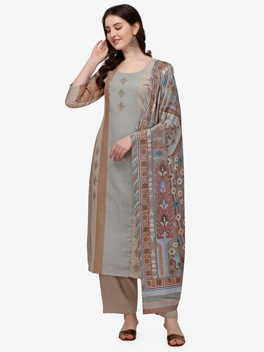 Jansi Green & Brown Printed Viscose Rayon Unstitched Dress Material Price in India