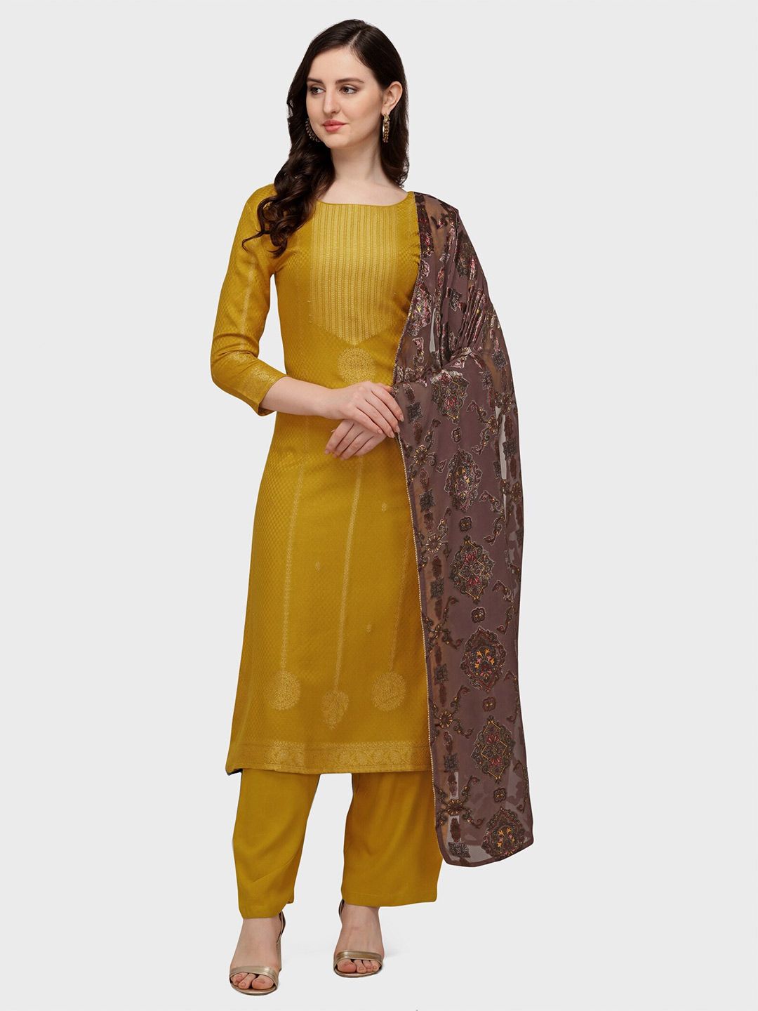 Jansi Yellow & Brown Embellished Viscose Rayon Unstitched Dress Material Price in India