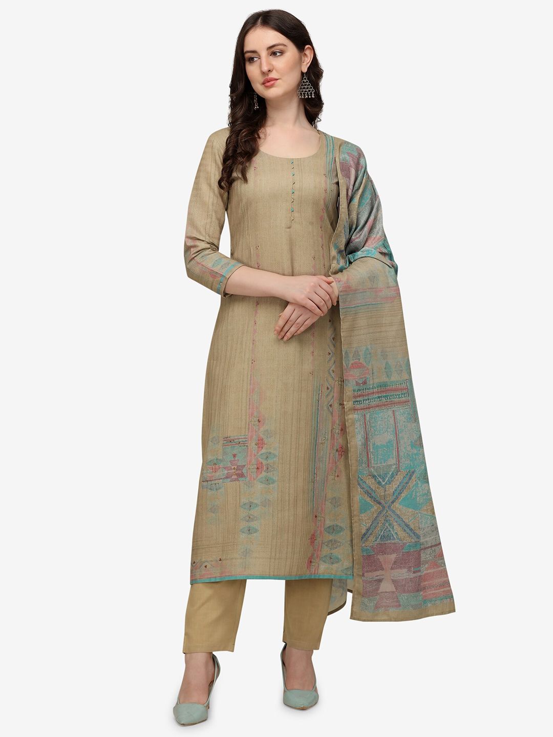 Jansi Beige & Blue Printed Viscose Rayon Unstitched Dress Material Price in India