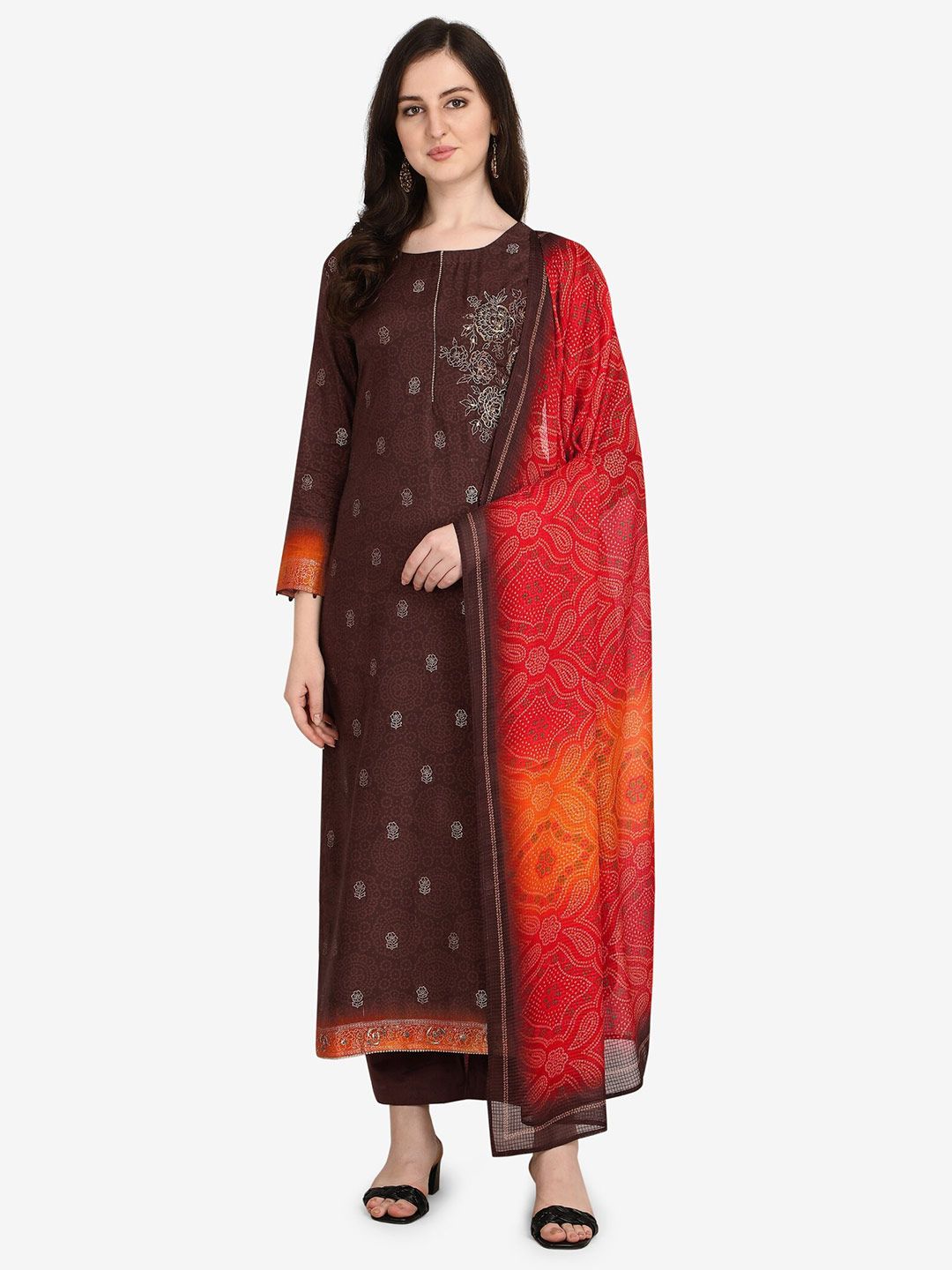 Jansi Brown & Red Embellished Unstitched Dress Material Price in India