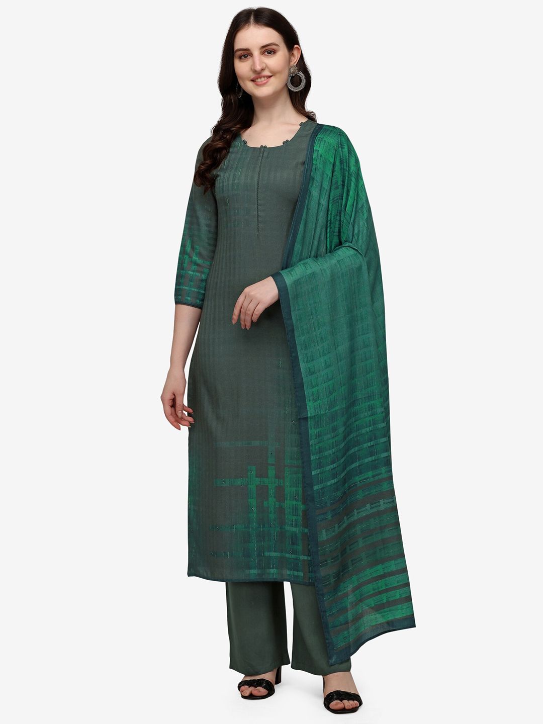 Jansi Grey & Green Printed Viscose Rayon Unstitched Dress Material Price in India