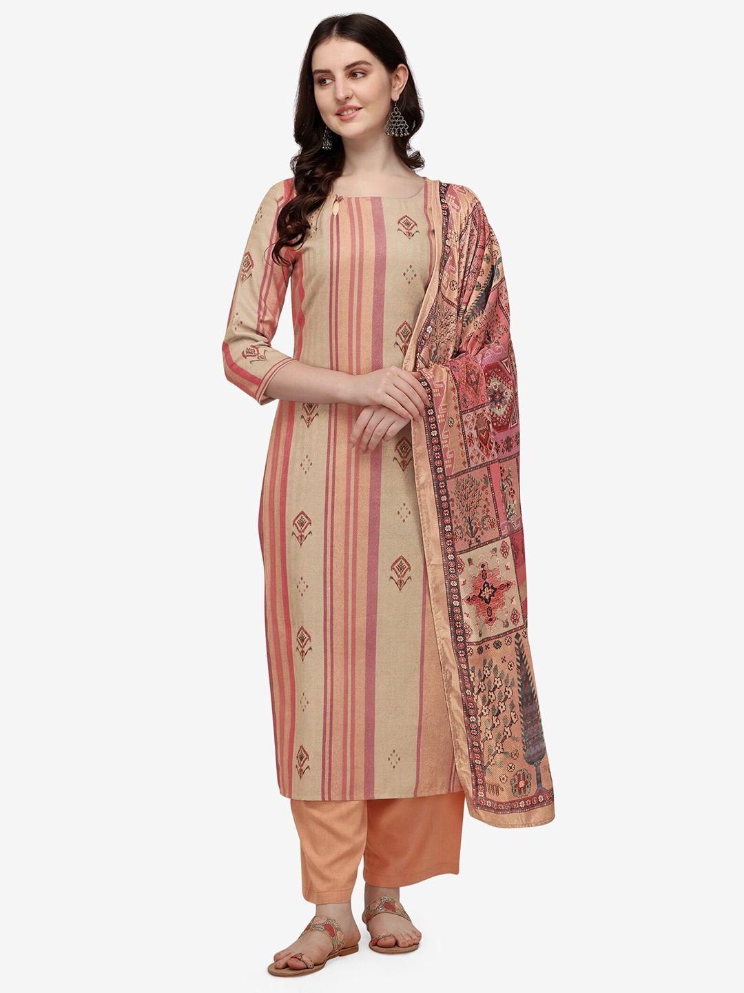 Jansi Peach-Coloured & Beige Printed Viscose Rayon Unstitched Dress Material Price in India