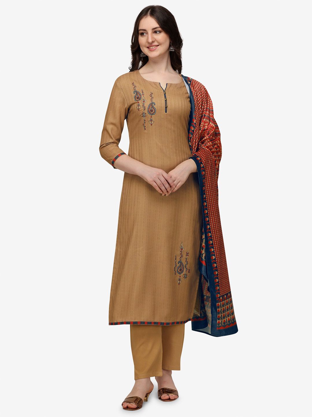 Jansi Brown & Red Embroidered Viscose Rayon Unstitched Dress Material Price in India