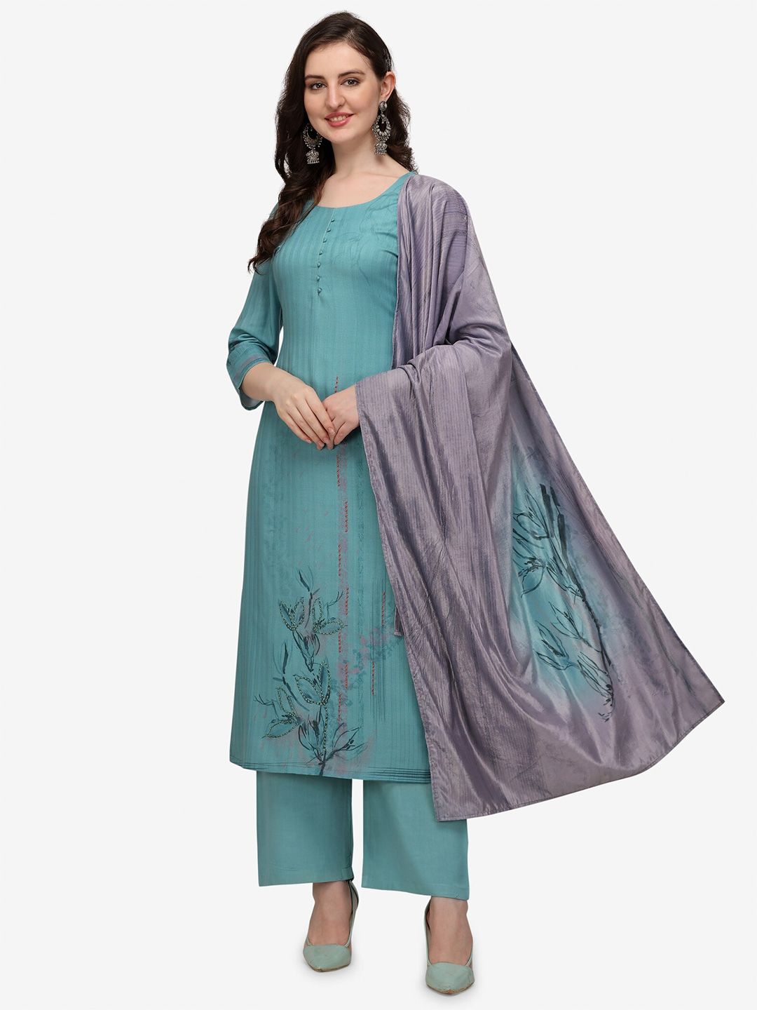 Jansi Blue & Grey Printed Viscose Rayon Unstitched Dress Material Price in India