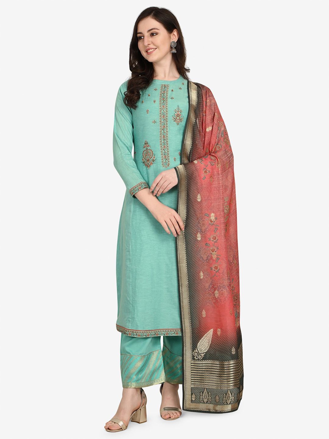 Jansi Blue & Pink Embellished Unstitched Dress Material Price in India