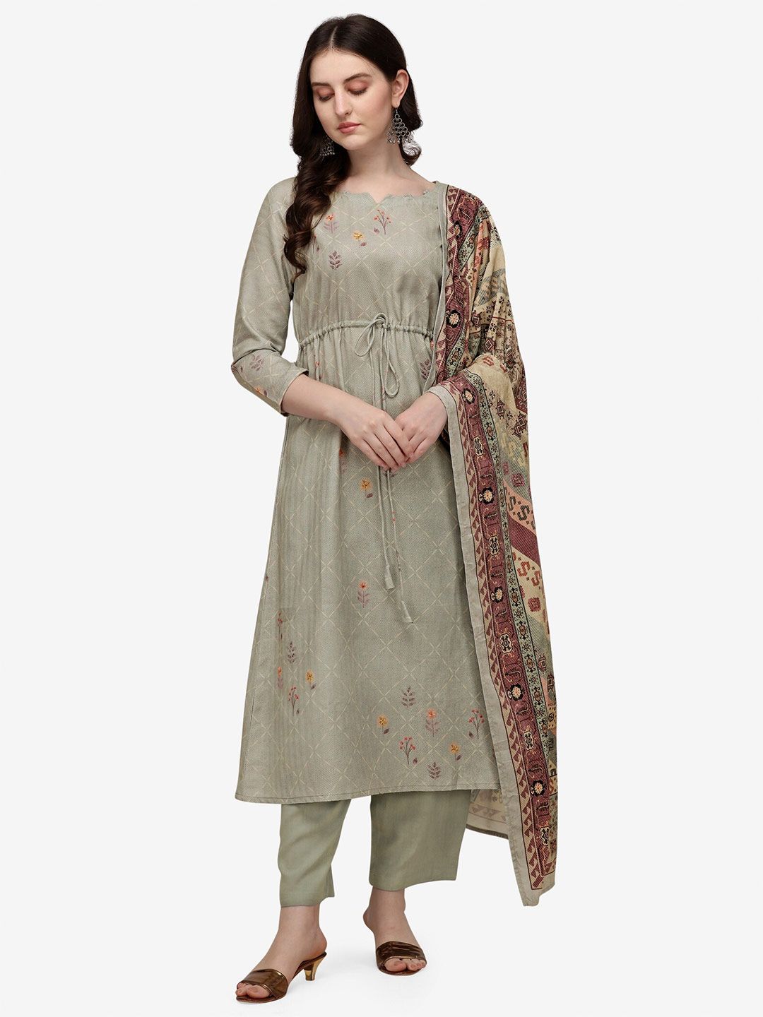 Jansi Grey & Brown Printed Viscose Rayon Unstitched Dress Material Price in India