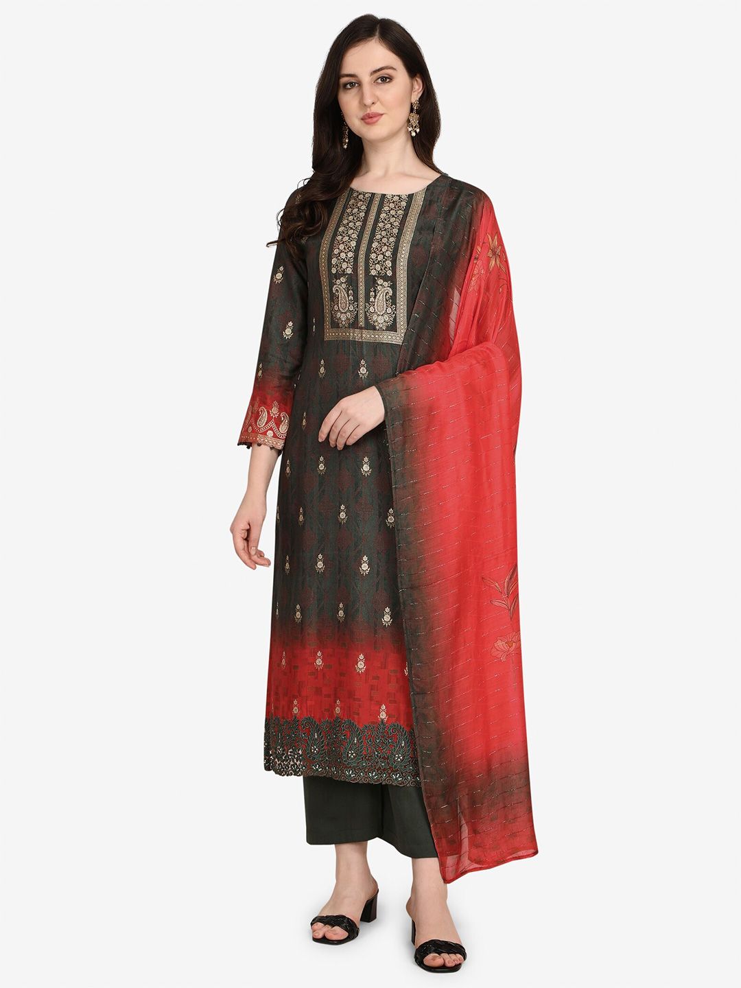 Jansi Green & Red Embellished Unstitched Dress Material Price in India