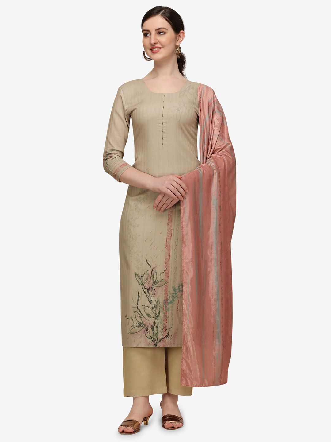 Jansi Beige & Peach-Coloured Printed Viscose Rayon Unstitched Dress Material Price in India