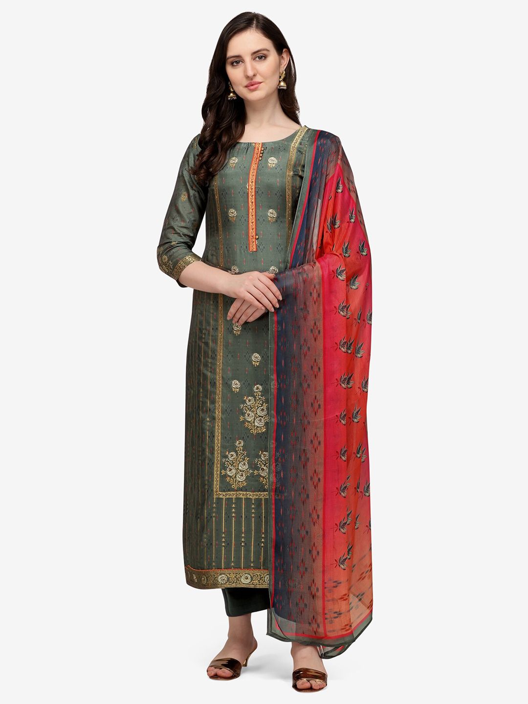 Jansi Green & Red Embellished Unstitched Dress Material Price in India