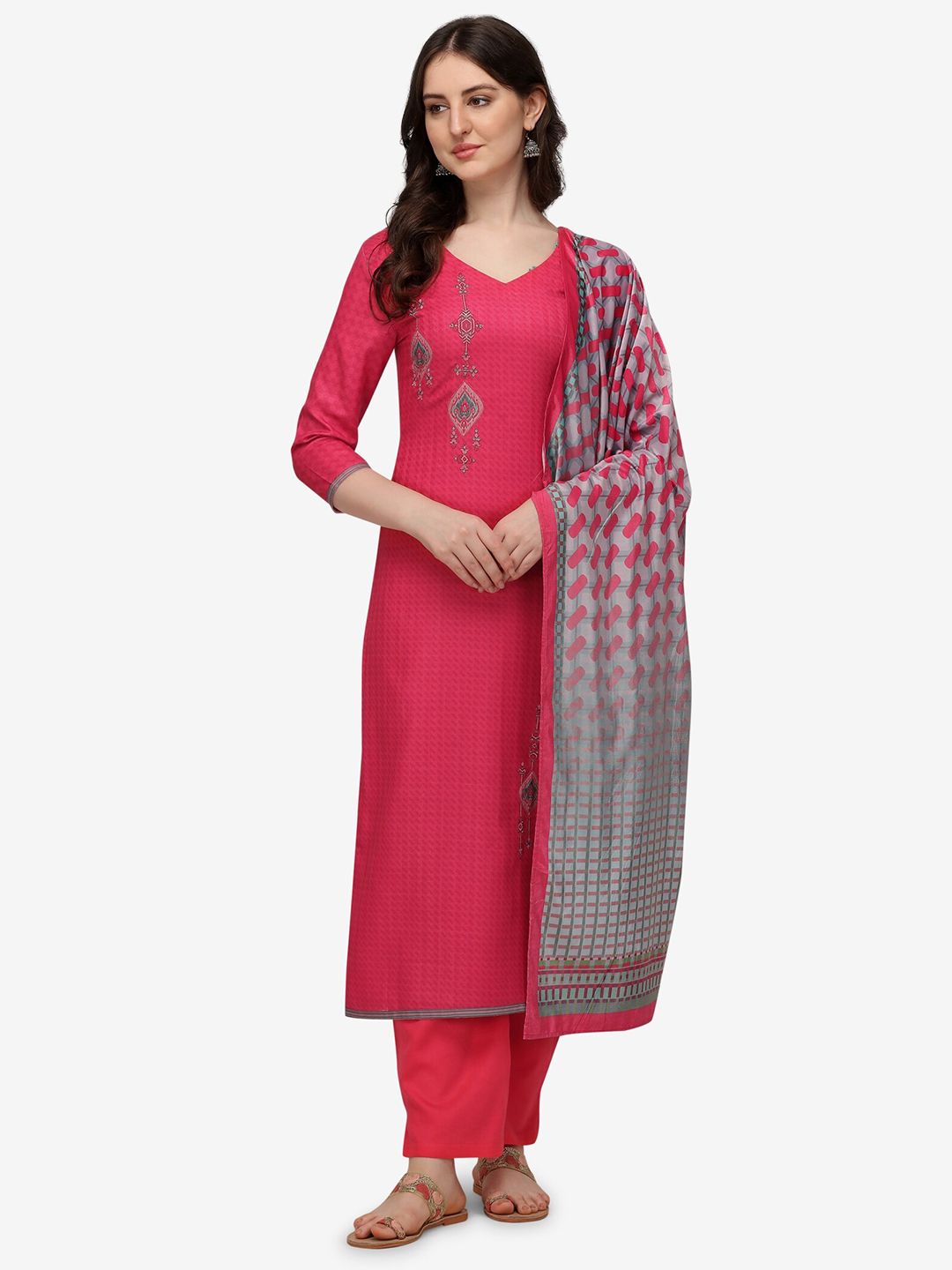 Jansi Pink & Grey Embroidered Viscose Rayon Unstitched Dress Material Price in India