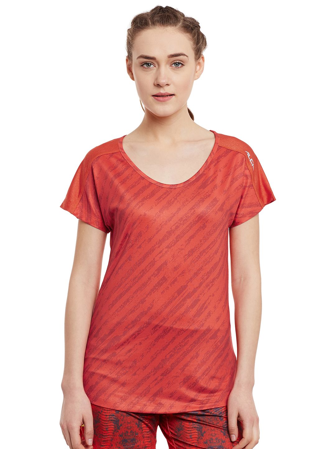 Alcis Women Orange Graphic Print Slim Round Neck Training T-shirt Price in India