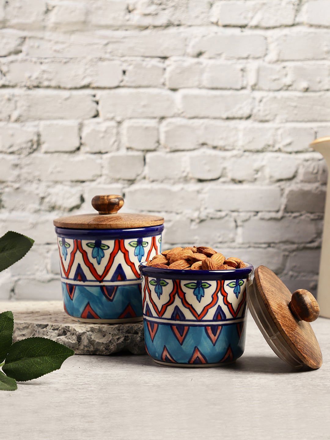 VarEesha Set Of 2 Orange & Blue Ceramic Air Tight Jars With Wooden Lids Price in India